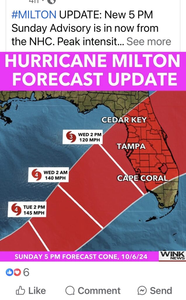 hurricane milton screenshot, florida hurricane forecast update, prepare for bad weather for Florida wedding
