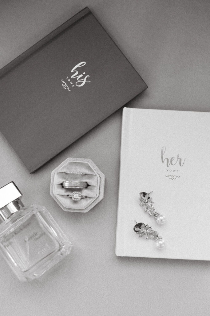 vow books, his vows, her vows, wedding bands, wedding earrings, cologne or perfume for wedding day, luxury barn venue
