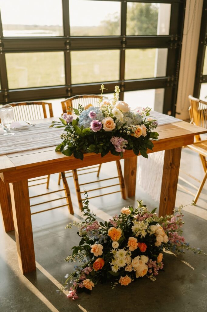 sweetheart table at indoor wedding reception in Saint Cloud, Florida at barn wedding venue
