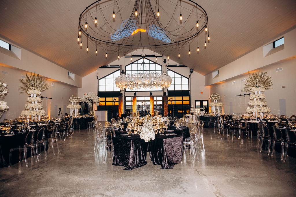 indoor wedding reception decor at Florida wedding barn venue in Central Florida