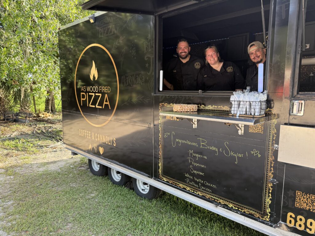 food trucks for weddings, wood fired pizza oven at Lavender on the Lake wedding venue in Saint Cloud, Florida