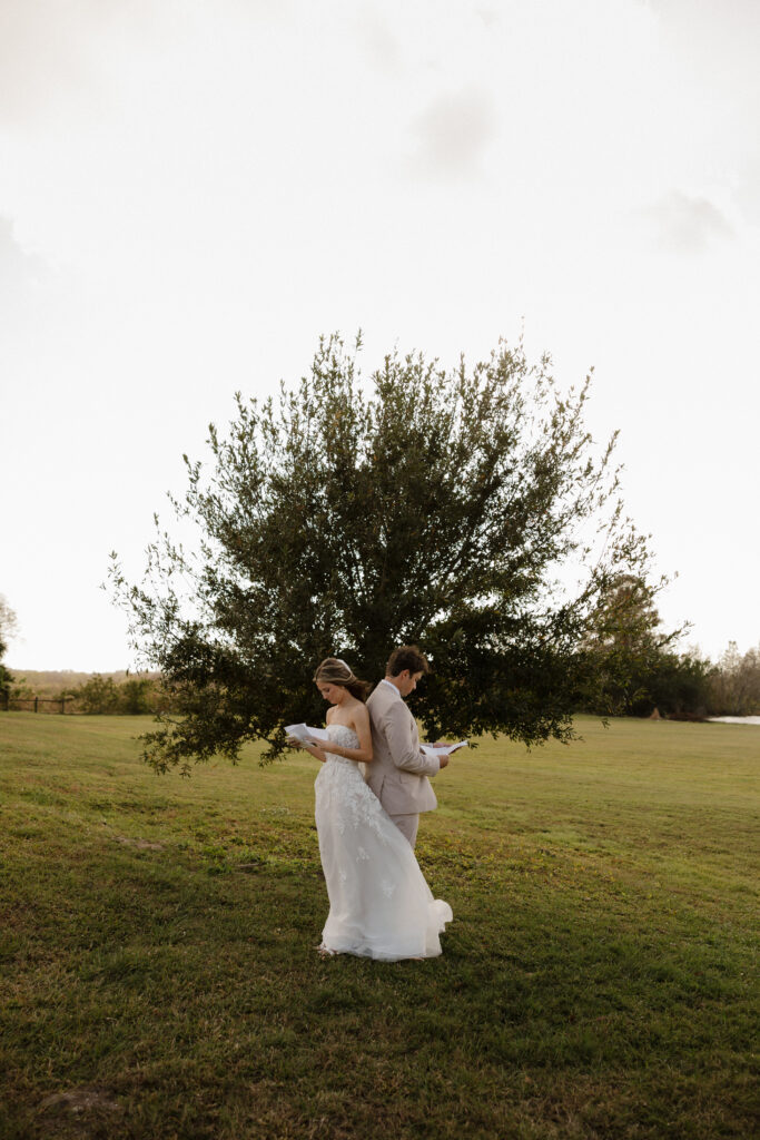 bride and groom sharing intimate, private vows at Florida farm wedding venue