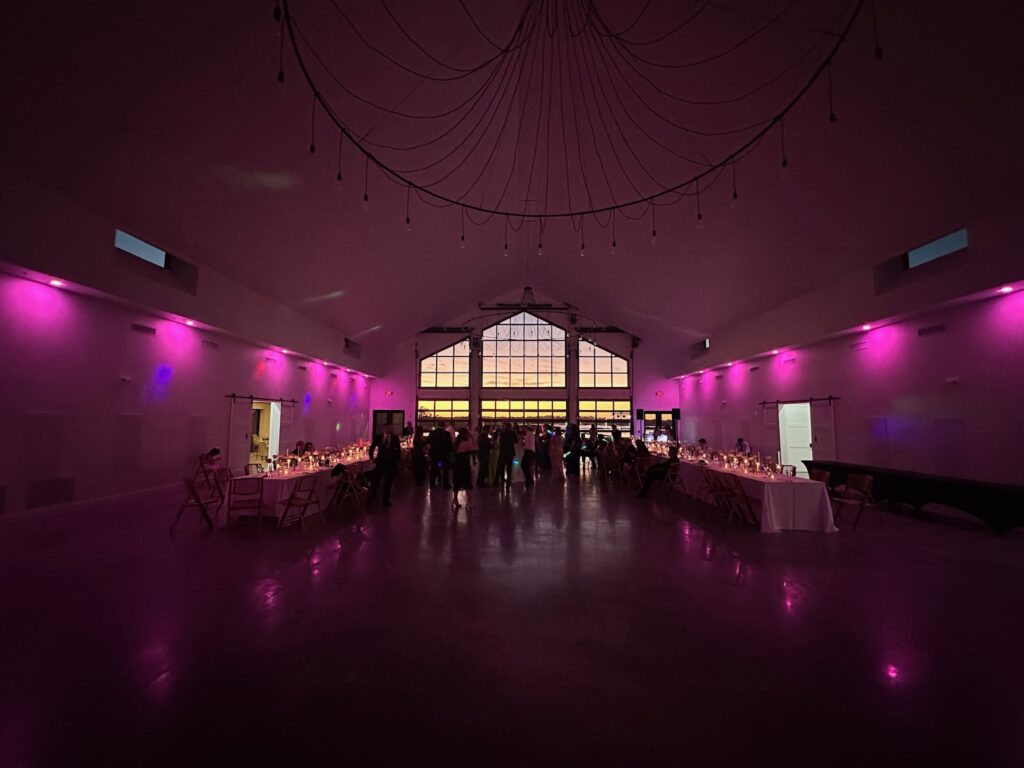 wedding receptions at Lavender on the Lake in Saint Cloud, Florida, party lights in the reception space