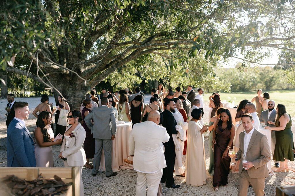 wedding guests at outdoor cocktail space during cocktail hour at farm wedding venue in Central Florida