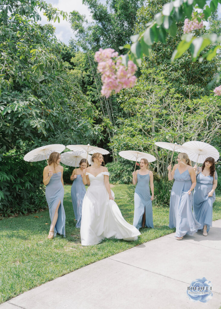 bride with bridesmaids with parasols, Florida wedding 