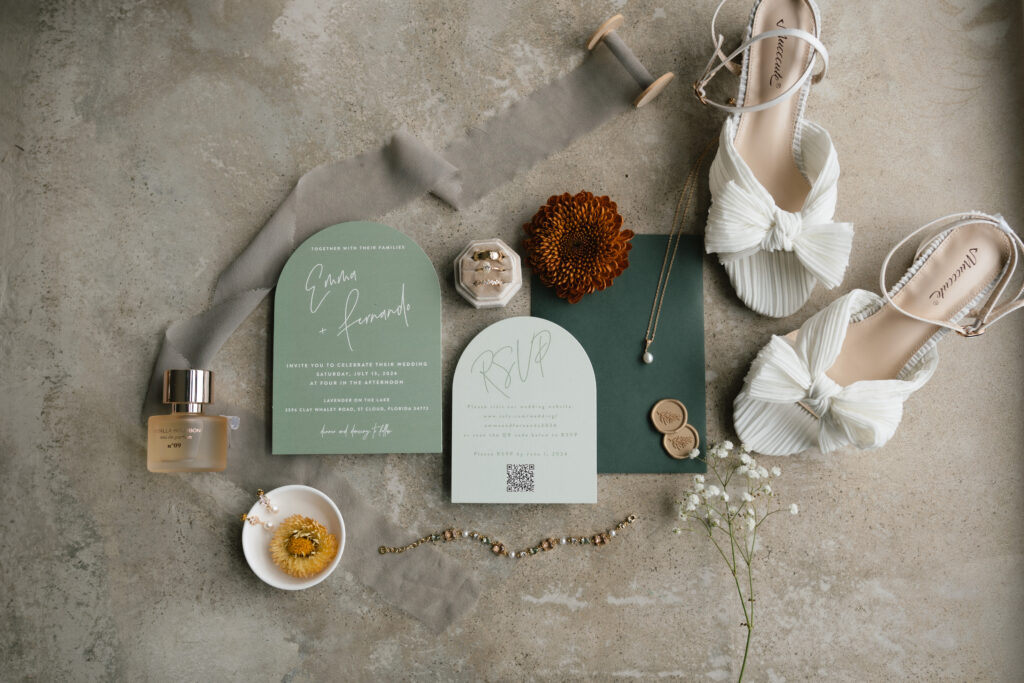 invitation for summer wedding in Florida with bridal shoes and bridal details