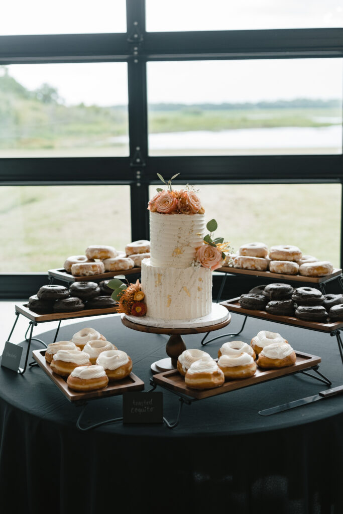 wedding donut tower at Lavender on the Lake wedding venue in Saint Cloud Florida