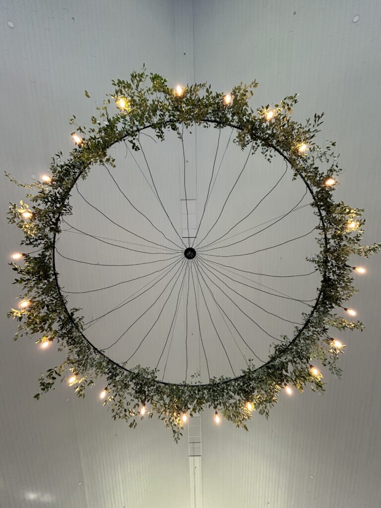 wedding chandelier floral decor, orlando wedding, saint cloud, ring of lights, decorated chandelier for wedding, greenery ideas for chandelier