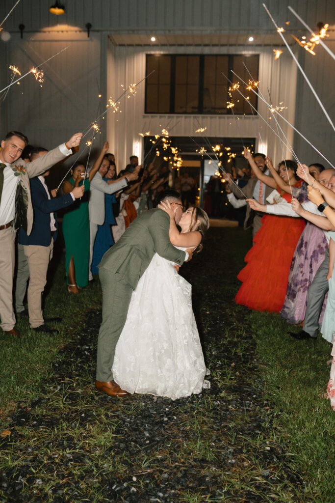 weddingkiss during sparkler exit from Central Florida venue with family and friends